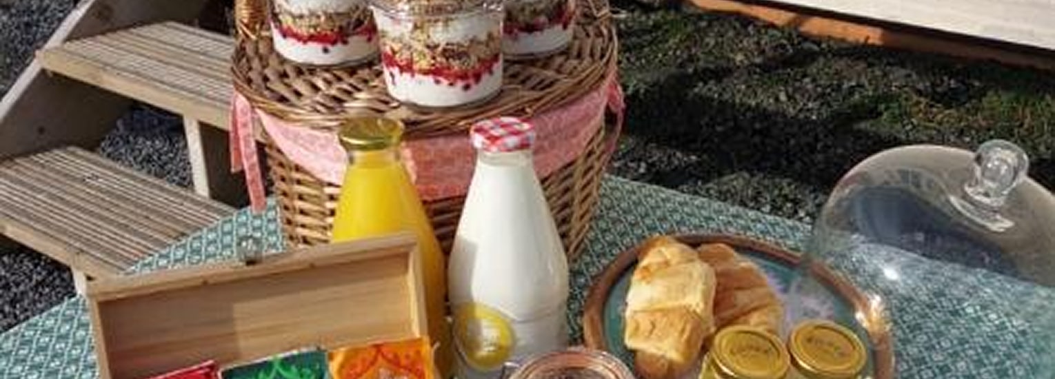 A picnic table with jars of yoghurt parfaits, bottles of orange juice and milk, assorted teas, croissants, jam jars, and honey arranged neatly on a green patterned tablecloth outdoors.