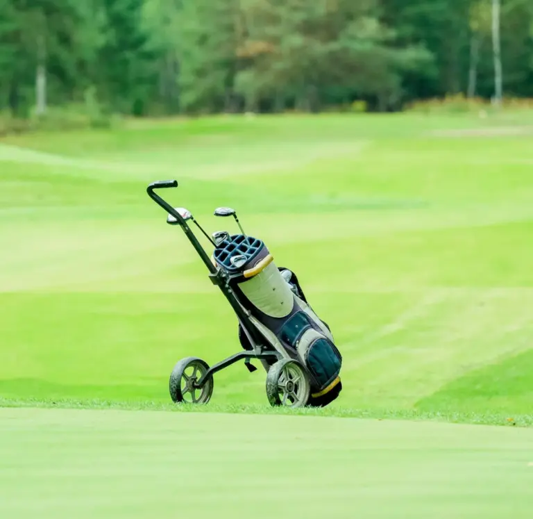 A golf push trolley with a golf bag stands on a grassy golf course, with trees and green fairways in the background.