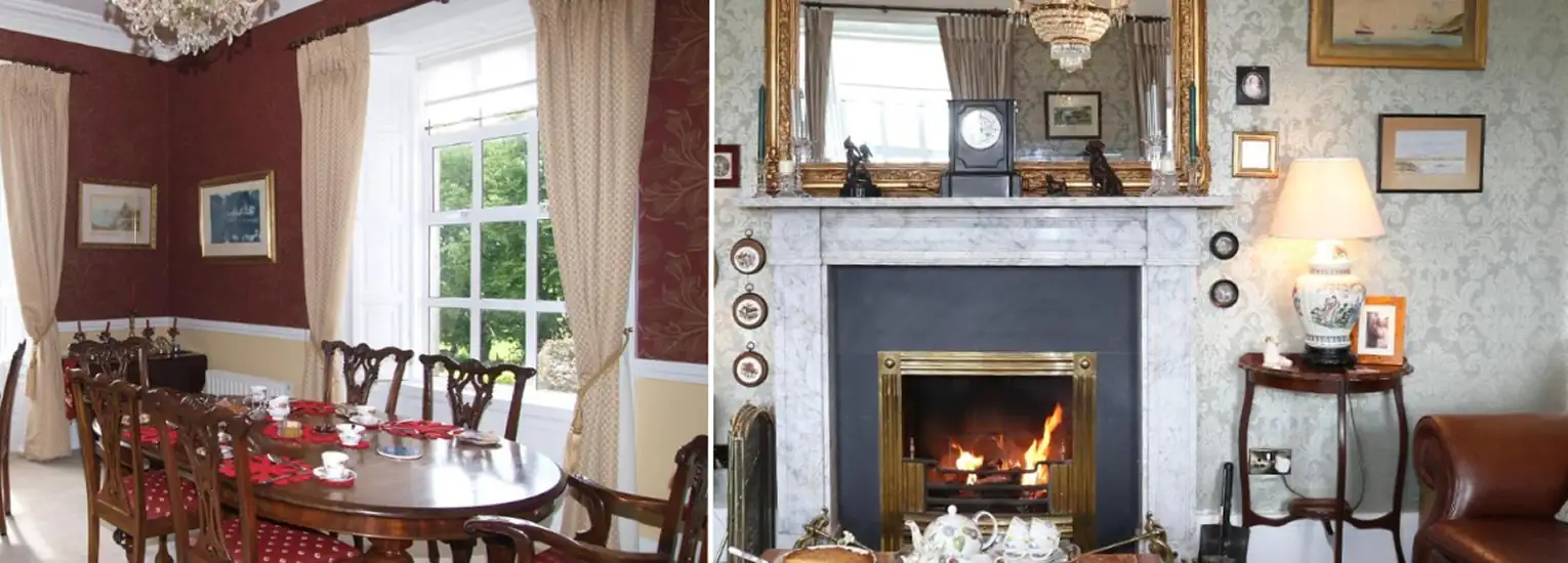 A split image shows a formal dining room with a set table and large windows on the left, and a cosy living room with a lit fireplace, ornate mirror, and decorative items on the right.