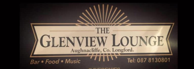 A sign for The Glenview Lounge in Aughnacliffe, County Longford, featuring a sunburst design. It advertises bar, food, and music, and includes a contact number: 087 8130801.