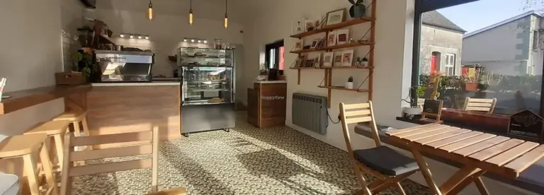 Small cosy café interior with wooden tables and chairs, patterned tiled floor, a counter with a coffee machine and display case, wall shelves with books and decor, and large windows letting in natural sunlight.
