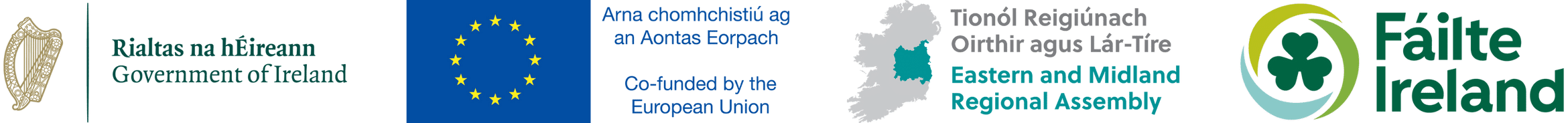 Logos of the Government of Ireland, European Union, Eastern and Midland Regional Assembly, and Fáilte Ireland, displayed side by side with related text in Irish and English.