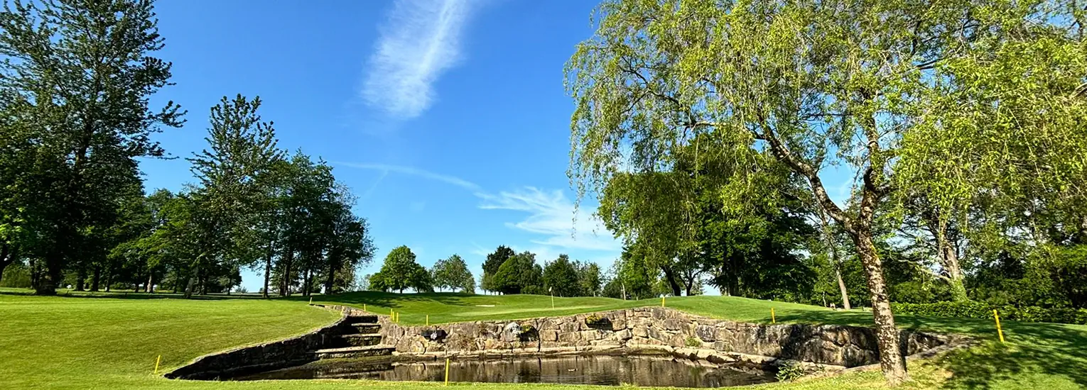 A scenic golf course with lush green grass, a small pond bordered by a stone wall, and tall trees under a bright blue sky with wispy clouds.