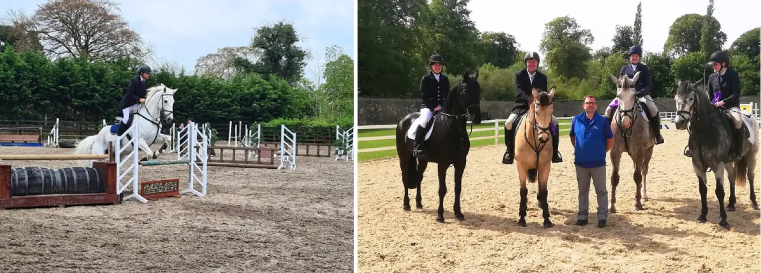 Left: A person on a white horse jumps over an obstacle in an outdoor equestrian arena. Right: Three riders on horses and a person standing beside them pose for a group photo in a sandy riding arena.