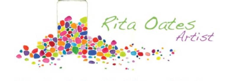A jar pours out colourful, pebble-like shapes. To the right, the text reads "Rita Oates Artist" in green and purple script.