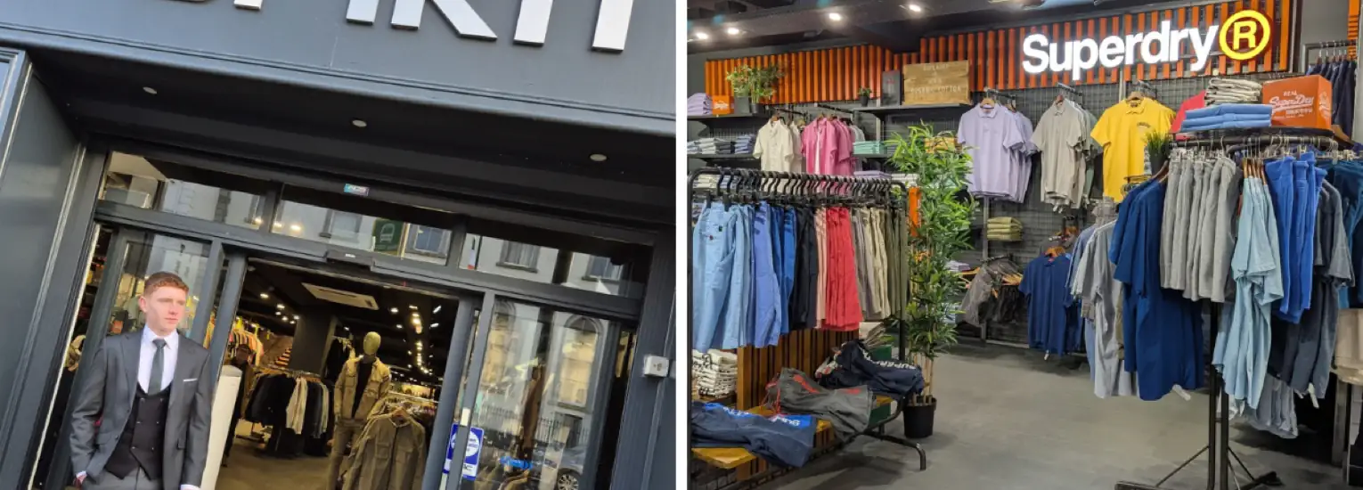 Split image: On the left, a man in a suit exits a clothes shop. On the right, the interior of a Superdry shop displays colourful shirts and jackets neatly hung and folded on rails and shelves.