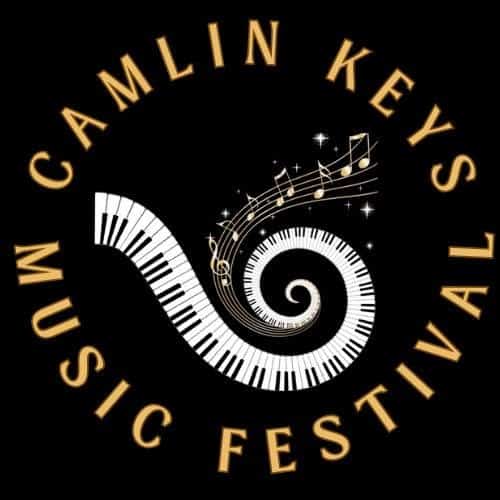 Logo for Camlin Keys Music Festival featuring a spiral piano keyboard with musical notes and sparkles, surrounded by the festival name in gold letters on a black background.
