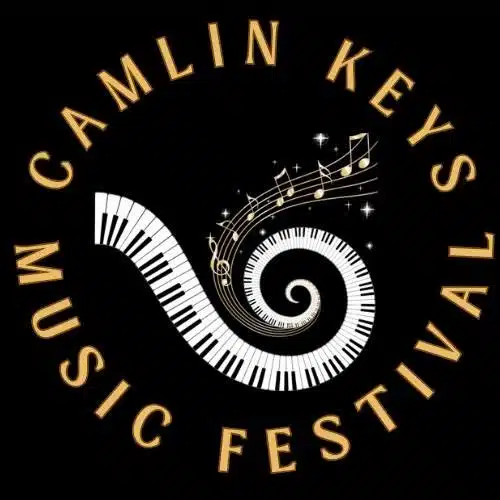 Logo for Camlin Keys Music Festival featuring a spiral piano keyboard with musical notes and sparkles, surrounded by the festival name in gold letters on a black background.