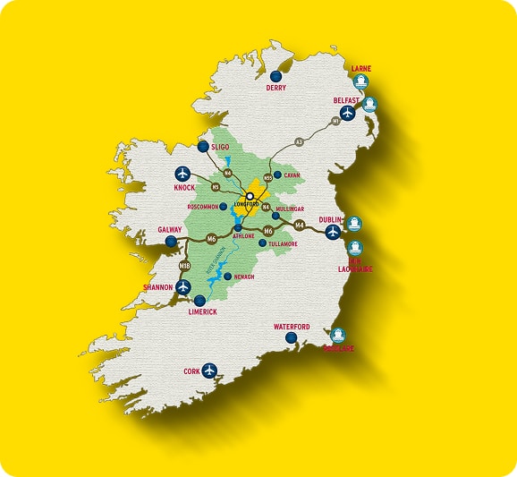 A map of Ireland with major cities, airports, and ferry ports marked. Key cities like Dublin, Cork, and Limerick are labelled, along with transport icons, all on a bright yellow background.