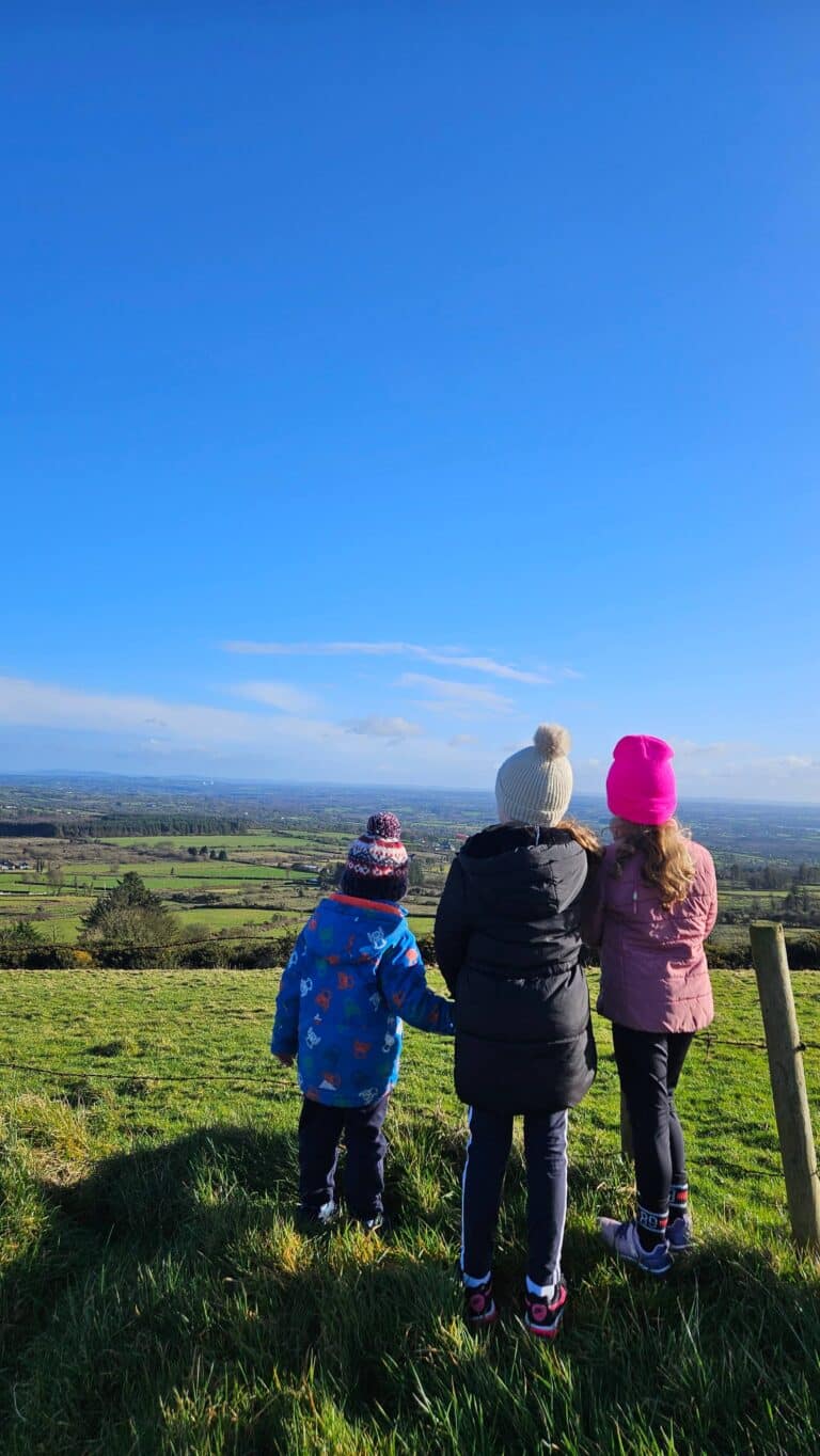 Three children in colourful winter coats and hats stand on a grassy hill, facing away from the camera and looking out over a wide, green landscape under a bright blue sky.