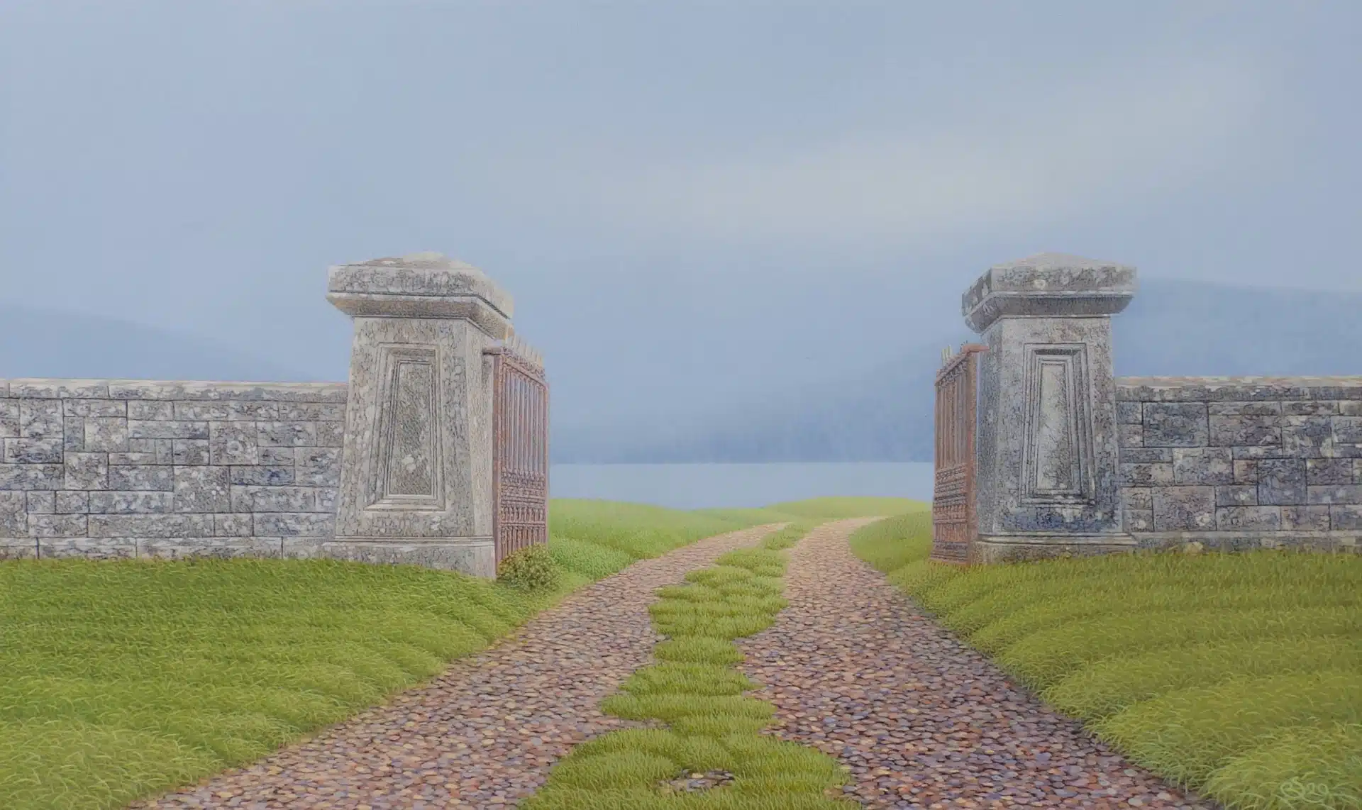A stone wall with open iron gates stands in a grassy landscape. A dirt and grass path leads through the gates towards distant misty hills under a pale blue sky.