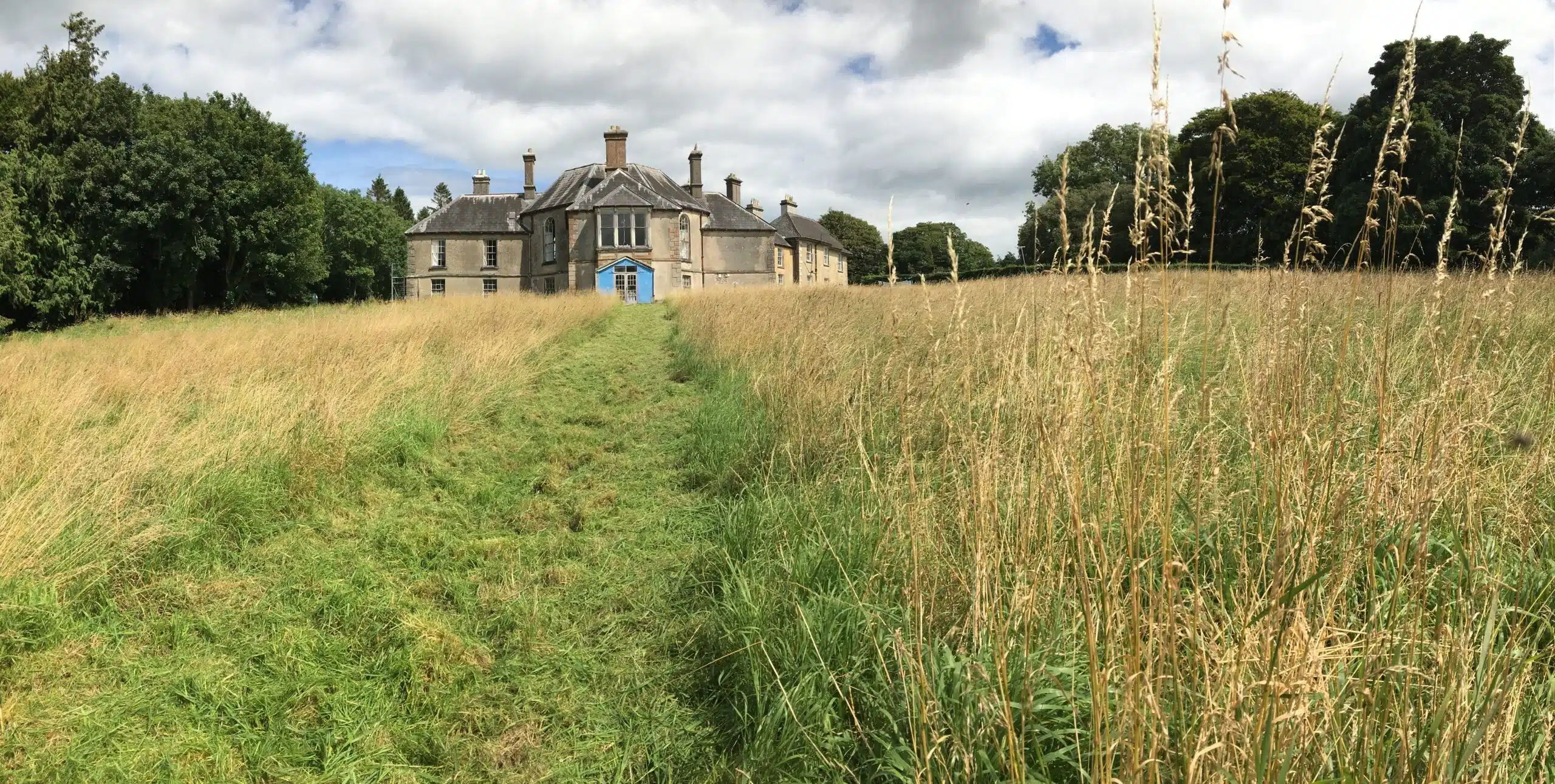 A large, old stone house with blue doors stands in the distance, surrounded by tall grass and trees, under a partly cloudy sky. A narrow mown path leads through the grass towards the building.