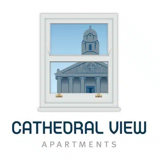 Logo for Cathedral View Apartments featuring a window with a view of a cathedral dome and façade, above the text "Cathedral View Apartments" in bold and regular fonts.