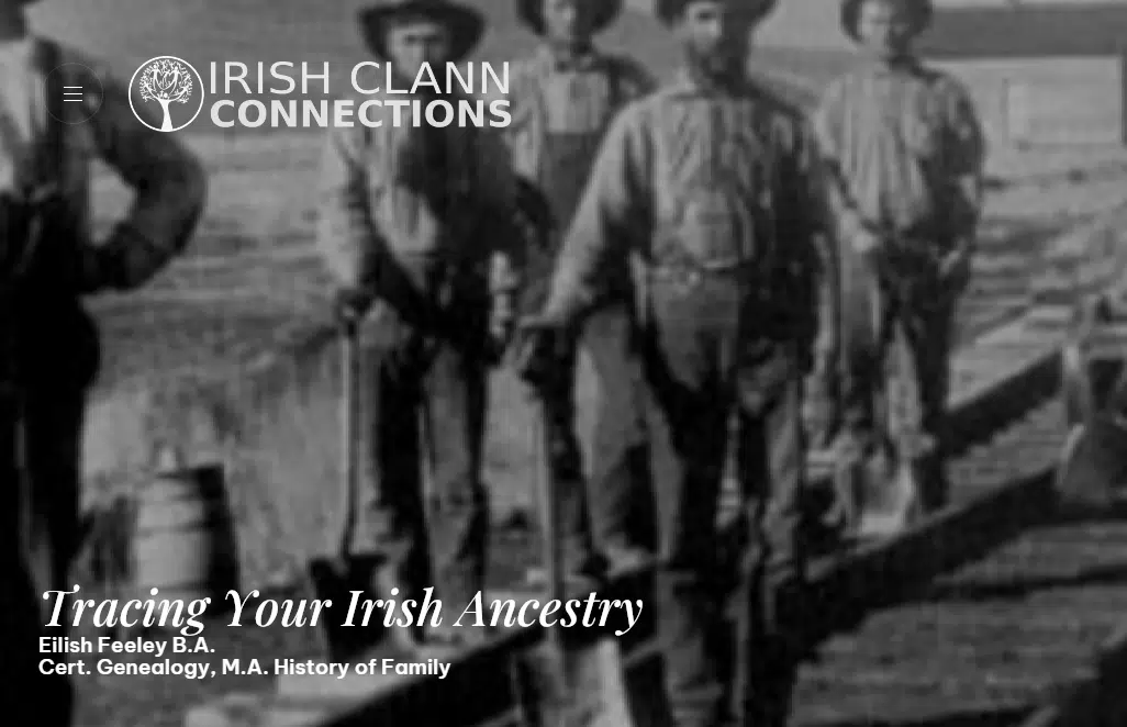 A historic black-and-white photo of Irish workers standing outdoors with tools, overlaid with the “Irish Clann Connections” logo and the title “Tracing Your Irish Ancestry” by Eilish Feeley, genealogist.
