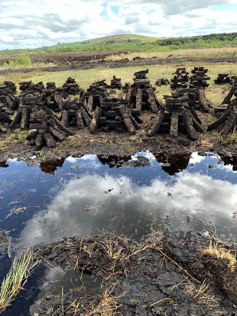 Stacks of dark peat blocks dry in rows on a boggy field, with water in the foreground reflecting the blue sky and clouds. Green hills and grass stretch out under a partly cloudy sky in the background.