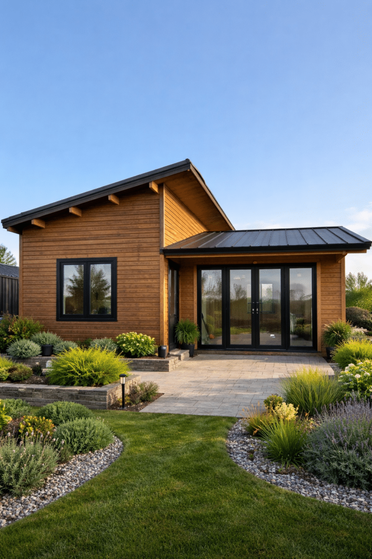 Modern small wooden house with black-framed windows and doors, landscaped front garden with green plants, stone path, and manicured grass under a clear blue sky.
