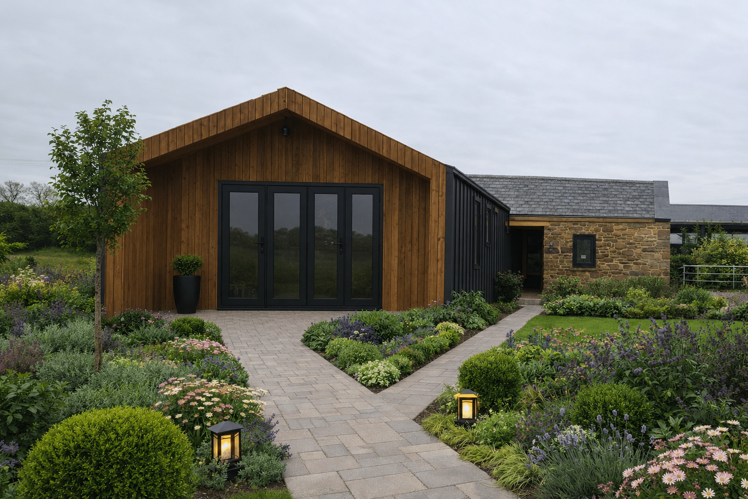 A modern house with wood and stone exterior, large black-framed windows, and a landscaped garden with path, bushes, flowers, and outdoor lights.