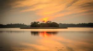 A small island with trees sits in a calm lake, reflecting a golden sunset with orange clouds in the sky.