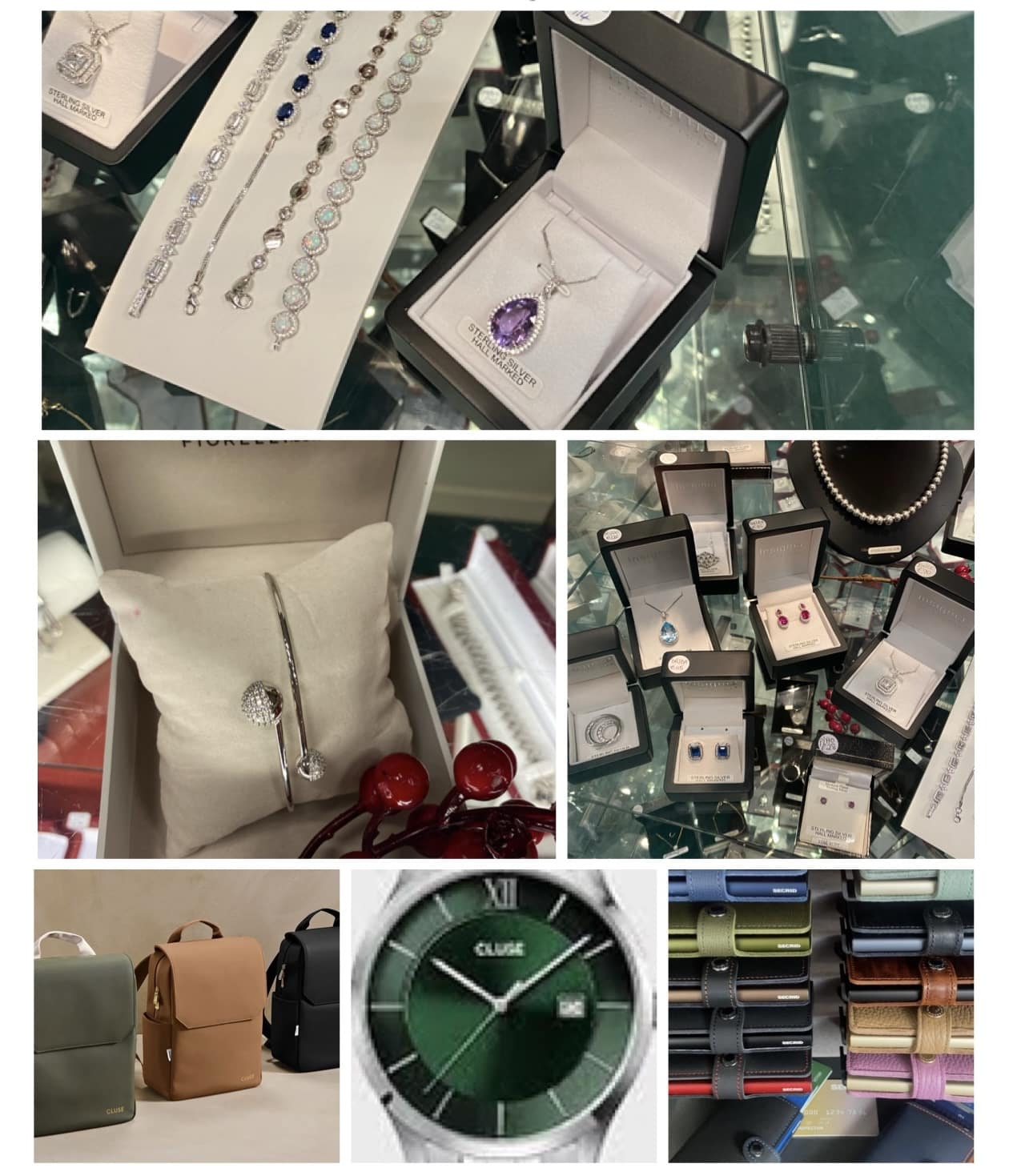 Collage of jewellery, watches, and accessories including bracelets, necklaces, rings, rucksacks, and watch straps displayed in boxes and on shelves.
