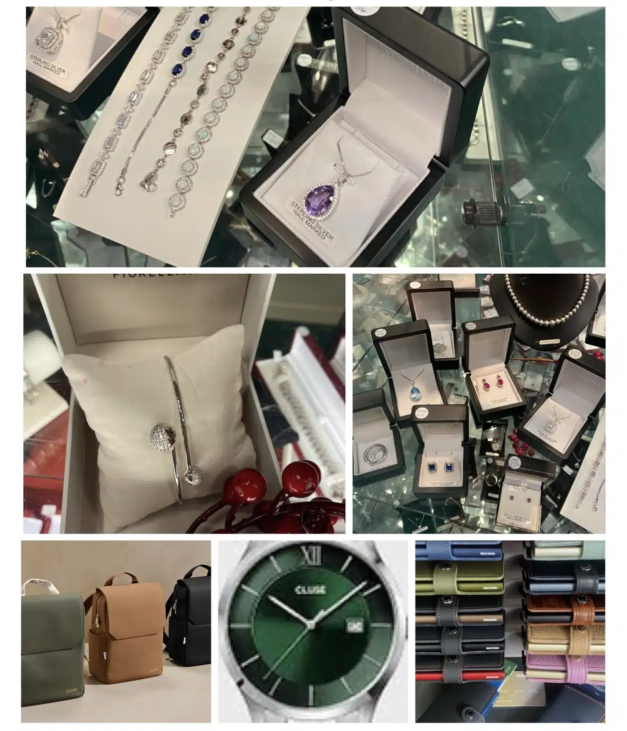 Collage of jewellery, watches, and accessories including bracelets, necklaces, rings, rucksacks, and watch straps displayed in boxes and on shelves.