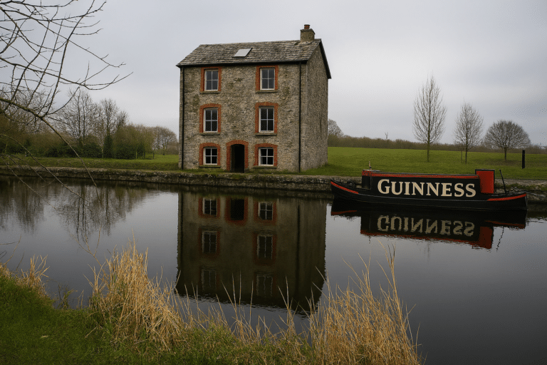 A three-storey stone house stands by a calm canal, reflecting in the water. A boat with "GUINNESS" painted on the side floats nearby. Leafless trees and grassy fields surround the scene under a cloudy sky.
