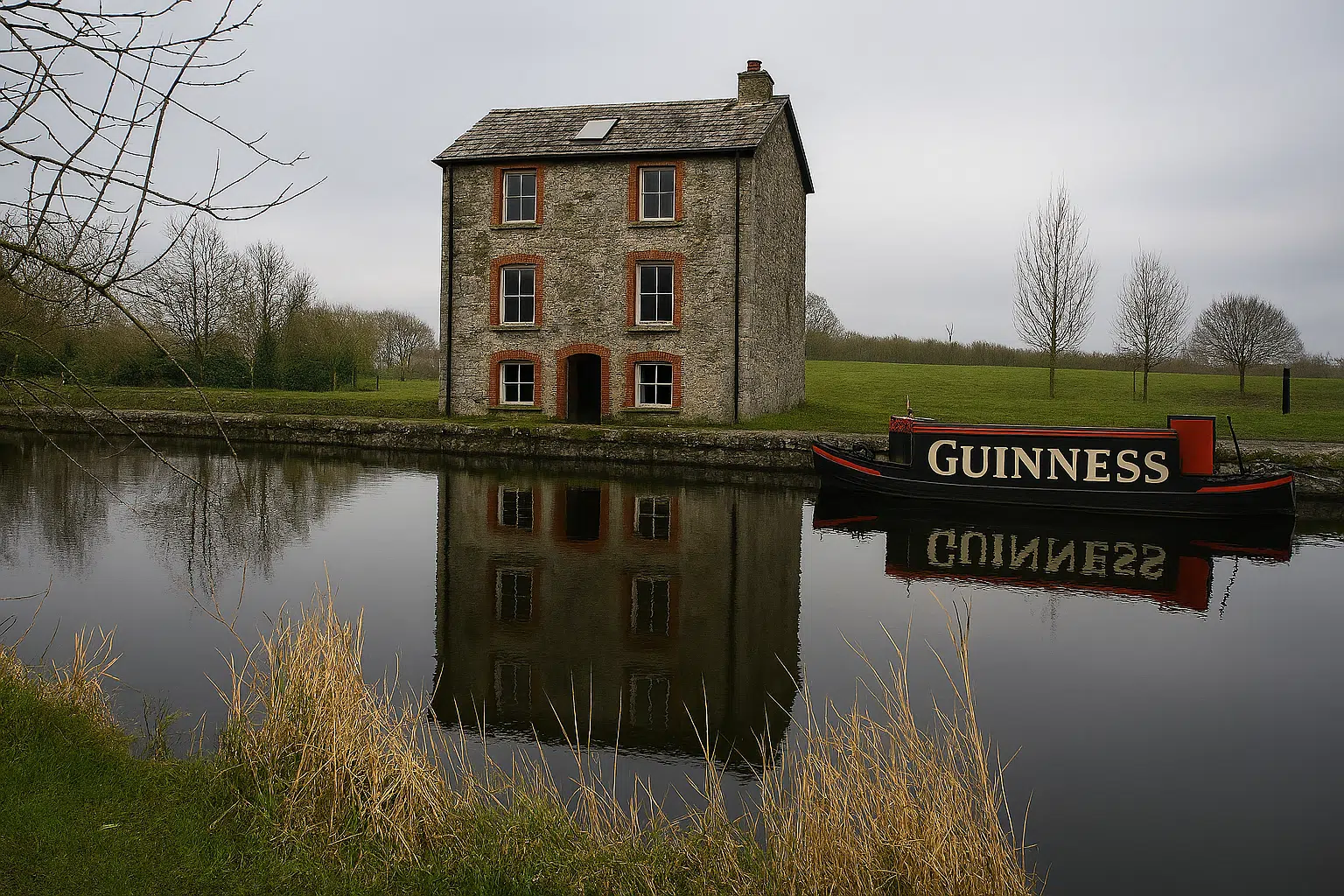 A three-storey stone house stands by a calm canal, reflecting in the water. A boat with "GUINNESS" painted on the side floats nearby. Leafless trees and grassy fields surround the scene under a cloudy sky.