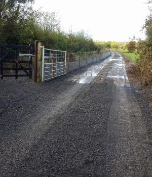 A gravel path with muddy puddles stretches into the distance, bordered by wire fencing and bushes. On the left, a black wooden gate and a metal gate are open, leading into a fenced area.